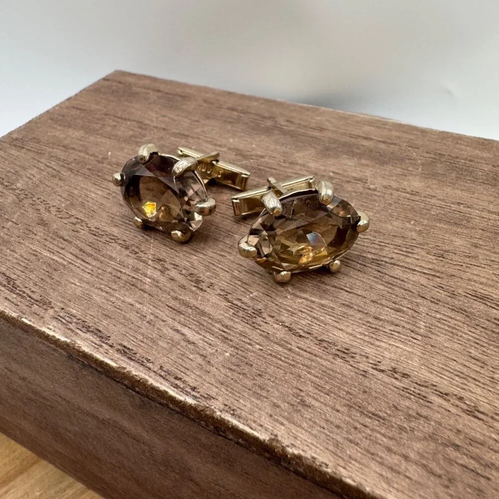 Vintage Swank Smoky Quartz Checkerboard Faceted Gold Tone Cufflinks